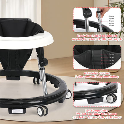 Portable Baby Walker for 6-18 Months | One-Touch Foldable Design with Non-Slip Wheels, 9-Stage Height Adjustment, Black