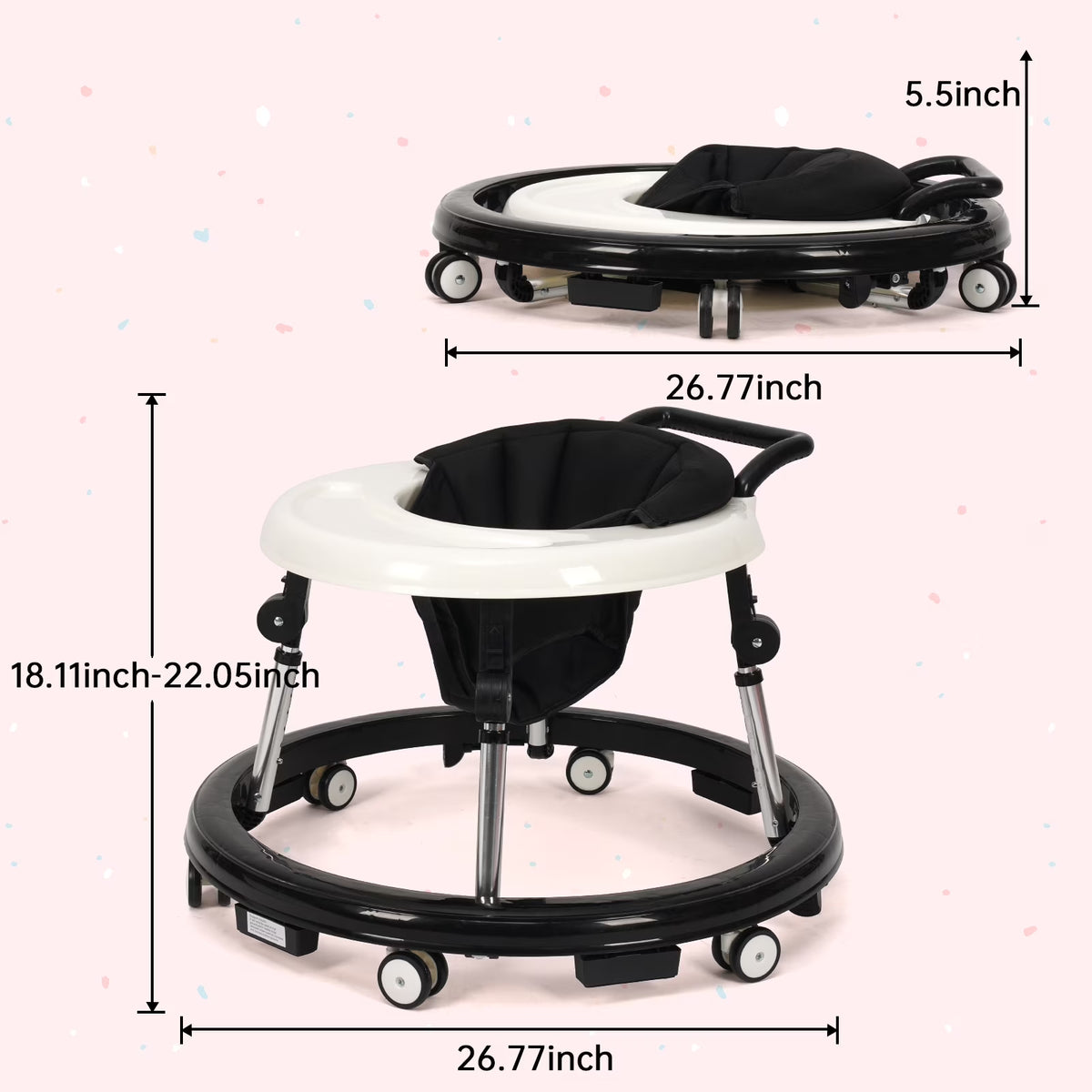 Portable Baby Walker for 6-18 Months | One-Touch Foldable Design with Non-Slip Wheels, 9-Stage Height Adjustment, Black