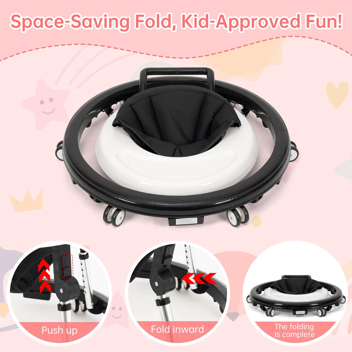 Portable Baby Walker for 6-18 Months | One-Touch Foldable Design with Non-Slip Wheels, 9-Stage Height Adjustment, Black