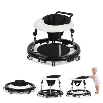 Portable Baby Walker for 6-18 Months | One-Touch Foldable Design with Non-Slip Wheels, 9-Stage Height Adjustment, Black