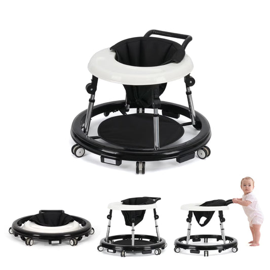 Portable Baby Walker for 6-18 Months | One-Touch Foldable Design with Non-Slip Wheels, 9-Stage Height Adjustment, Black