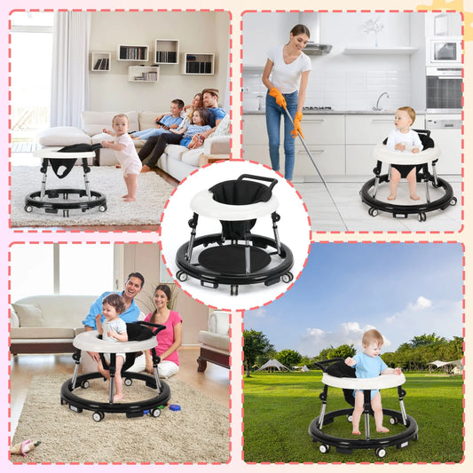Portable Baby Walker for 6-18 Months | One-Touch Foldable Design with Non-Slip Wheels, 9-Stage Height Adjustment, Black