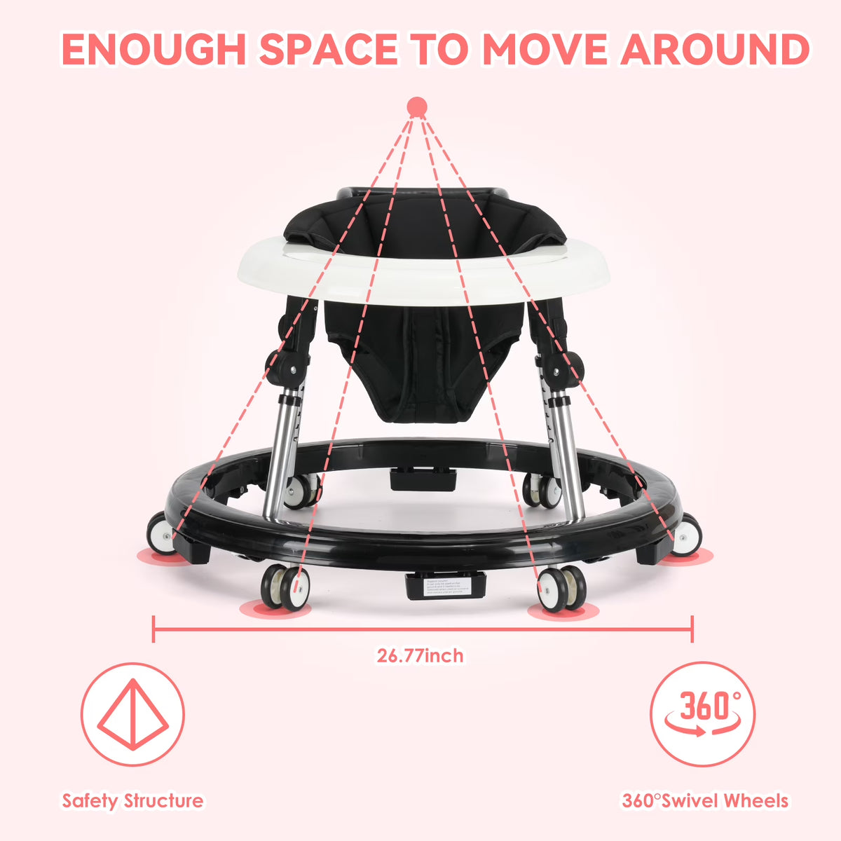 Portable Baby Walker for 6-18 Months | One-Touch Foldable Design with Non-Slip Wheels, 9-Stage Height Adjustment, Black