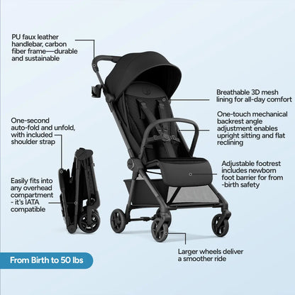 11.5 lbs Lightweight Travel Stroller | One-Second Auto Fold | Airplane Carry-On Compatible | Full Recline